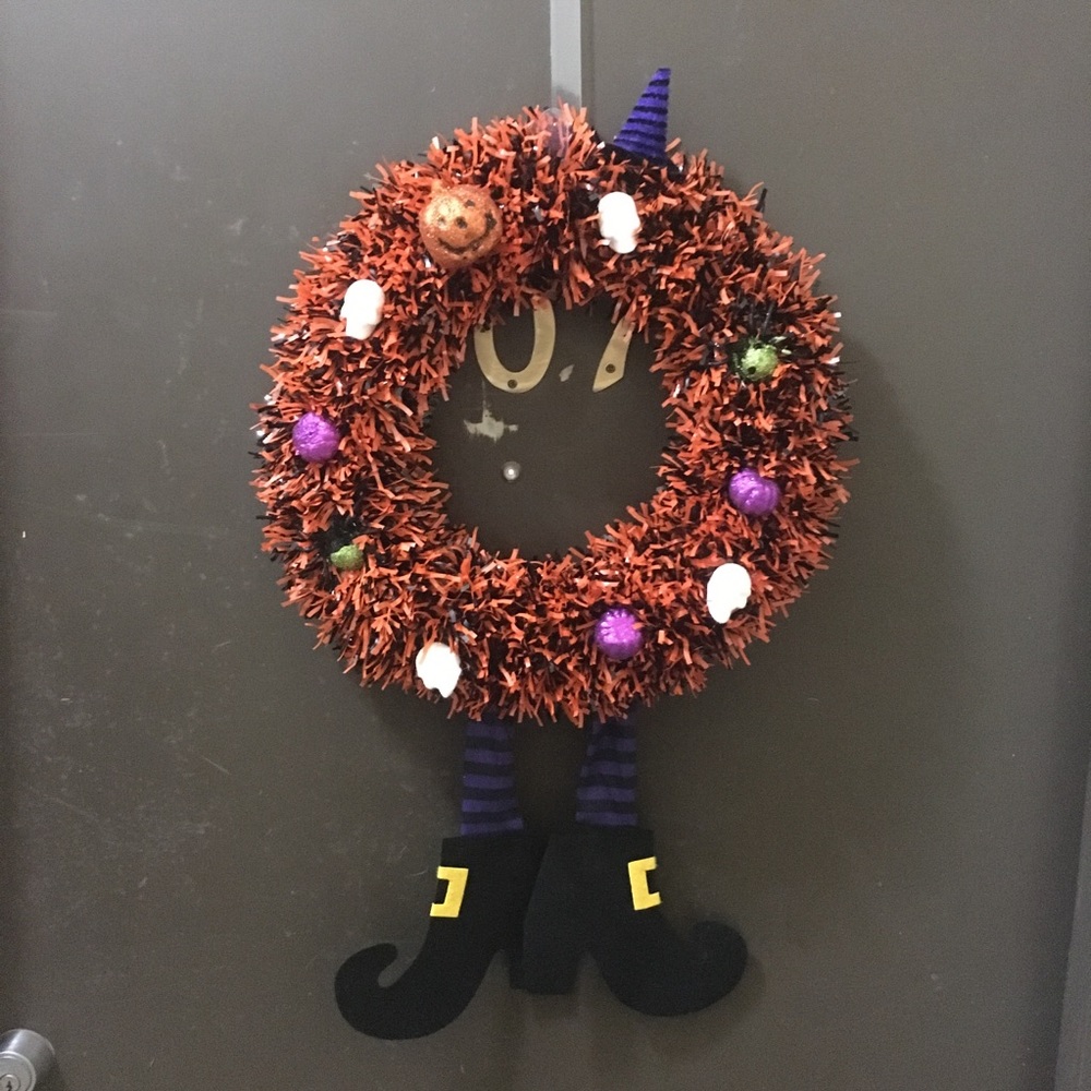 Orange and black Halloween tinsel wreath